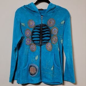 Rising International Hippie Boho Tie Dye Embroidered Hoodie Zip Jacket, MEDIUM
